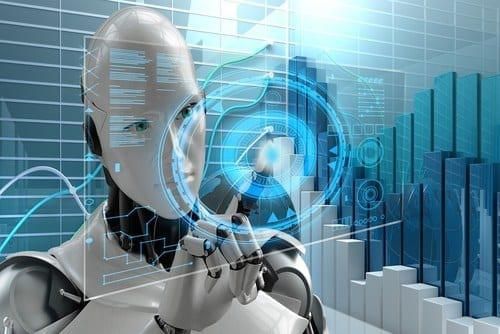 humanoid robot touching hologram graph