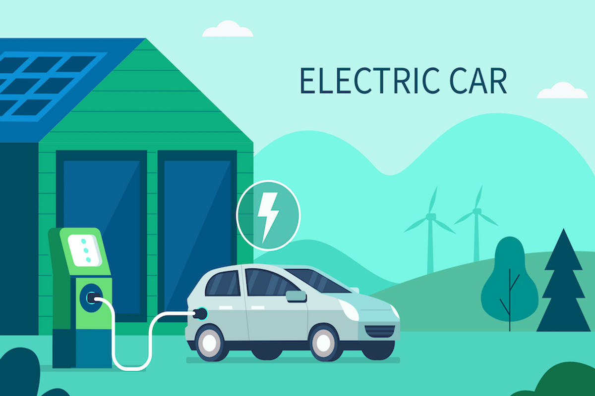 illustration showing an electric vehicle plugged into a charger in front of a house