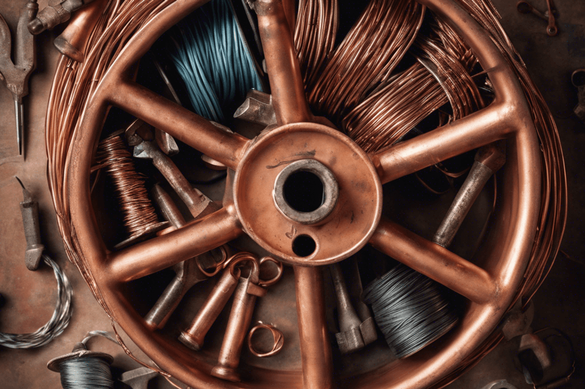 image prompt composition a close up shot of a copper wire spool surrounded by various copper tools and materials camera angle overhead shot looking down on the copper wire spool and tools style industrial gritty with a focus on textures and details focal point the copper wire spool in the center of the composition detail close up shots of the copper wire showing its texture and shine color palette rich copper tones with hints of silver and gold brand copper development association lighting soft natural light coming in from a nearby window casting shadows on the copper materials location a workshop or industrial setting with shelves of copper materials in the background time of day late afternoon with warm sunlight streaming into the workshop