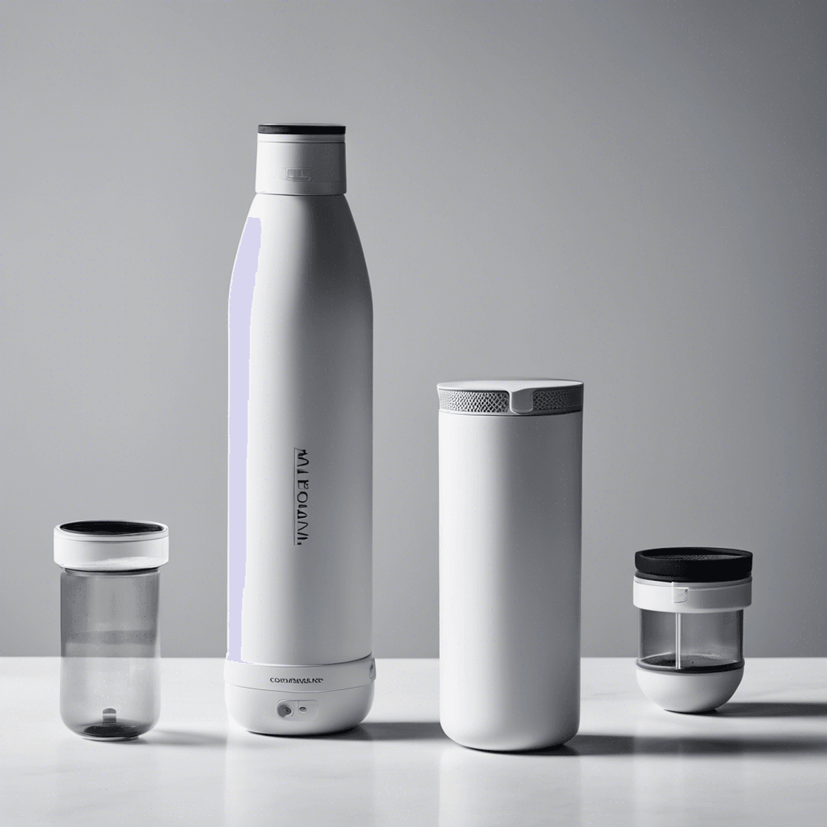 image prompt composition a sleek and modern water filter bottle placed on a clean white tabletop camera angle overhead shot looking down on the water filter bottle style minimalist and clean design with a focus on the product focal point the water filter bottle with the company logo prominently displayed detail close up of the filtration system inside the bottle color palette cool blues and whites to evoke a sense of cleanliness and purity brand puration inc logo visible on the bottle lighting soft natural light coming from a nearby window to highlight the product location a modern kitchen or office setting time of day mid morning to capture the natural light at its best