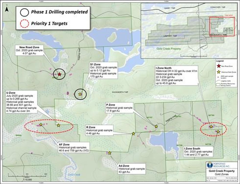 Portofino Receives Preliminary Gold Results from the Gold Creek Project Phase 1 Drilling Program