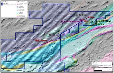 Figure 5: Land package overlain on basin geology with summer program drill locations (CNW Group/Power Metallic Mines Inc.)