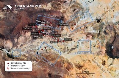 Figure 01: Map showing the location of historical collars and newly drilled holes from the 2025 drill program. (CNW Group/Argenta Silver Corp.)