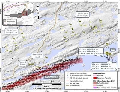 Figure 2: Drill holes completed through 2025 at the CV4 Pegmatite and north of the CV5 Pegmatite (condemnation holes). (CNW Group/PMET Resources Inc.) Figure 2: Drill holes completed through 2025 at the CV4 Pegmatite and north of the CV5 Pegmatite (condemnation holes). (CNW Group/PMET Resources Inc.)