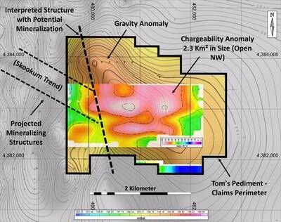 Figure 1 – Chargeability depth slice at a depth of 250-400m with gravity high. (CNW Group/Black Mammoth Metals Corp) Figure 1 – Chargeability depth slice at a depth of 250-400m with gravity high. (CNW Group/Black Mammoth Metals Corp)