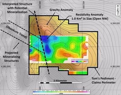 Figure 2 – Resistivity depth slice at a depth of 250-400m with gravity high. (CNW Group/Black Mammoth Metals Corp) Figure 2 – Resistivity depth slice at a depth of 250-400m with gravity high. (CNW Group/Black Mammoth Metals Corp)