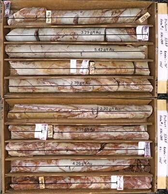 Figure 4: Core photos of part of the intercept from HSC005 (CNW Group/Eminent Gold Corp.)