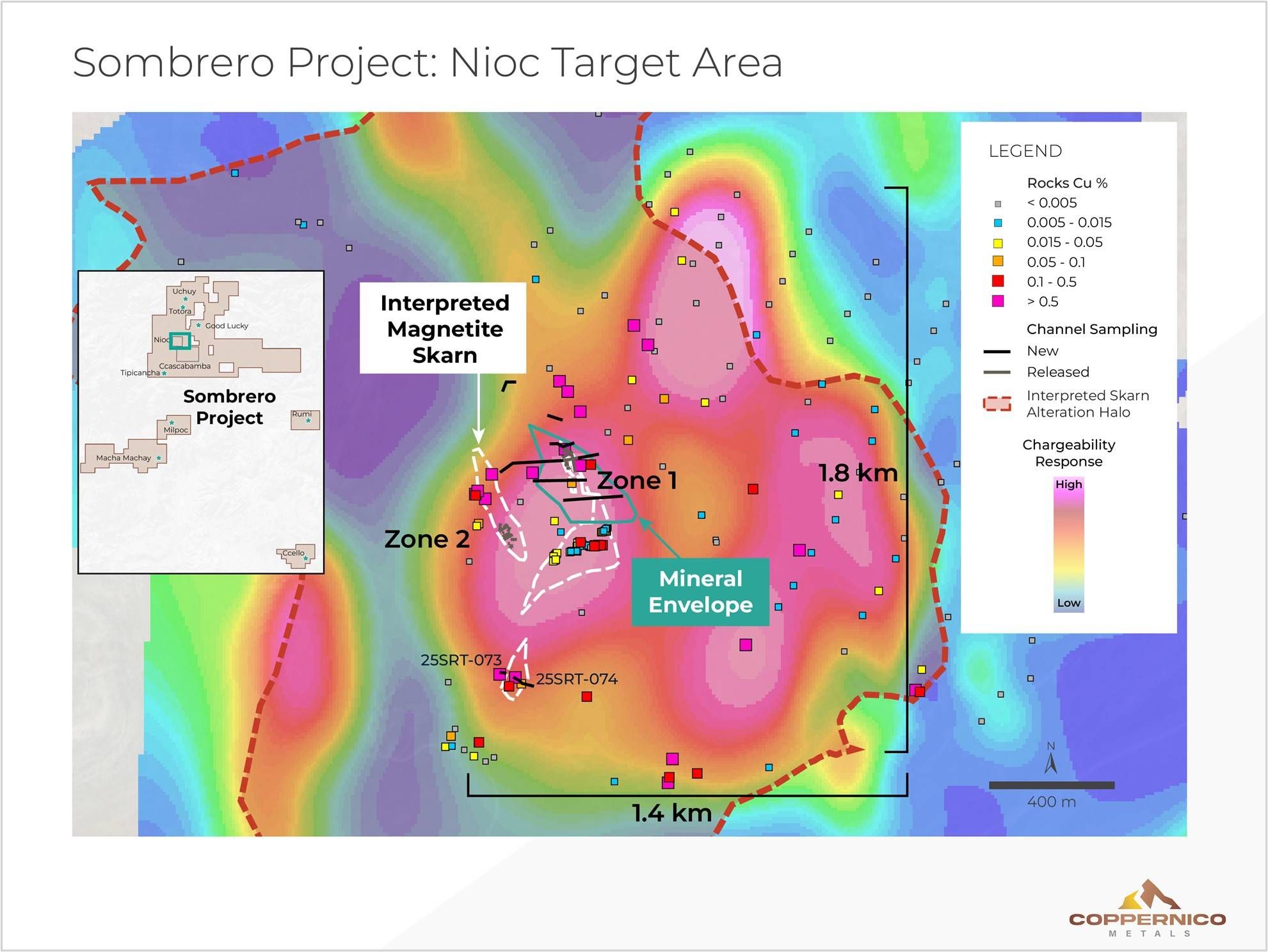 Chargeability map at 3,800 m elevation. Large high chargeability features indicate potential continuity of mineralization at depth.