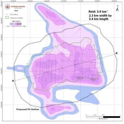 Figure 1 – Plan View of Reid Nickel Sulphide Resources, Reid Nickel Sulphide Project, Ontario. Section A-A' is shown in Figure 2. (CNW Group/Canada Nickel Company Inc.)