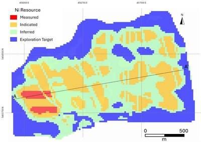 Figure 3 – Plan View of the Reid Block Model showing categorized resources. (CNW Group/Canada Nickel Company Inc.)