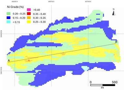 Figure 4 – Plan View of the Reid Block Model showing % nickel grade distribution. (CNW Group/Canada Nickel Company Inc.)