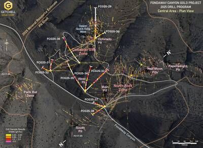 Figure 1: Fondaway Canyon Central Area drill location plan map with gold grades (CNW Group/Getchell Gold Corp.)