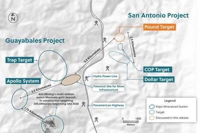 Figure 5: Plan View of the San Antonio and Guayabales Projects Highlighting the Pound Target at the San Antonio Project (CNW Group/Collective Mining Ltd.)