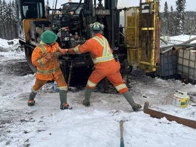 Figure 2.1 – Hydrology drilling, water well logging, snow clearing, and water flow monitoring at West Joe (L-R) (CNW Group/Power Metals Corp.)