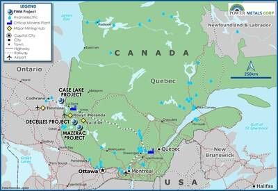 Figure 3 – Power Metals Corp Project Locations Map in Ontario and Quebec Canada (CNW Group/Power Metals Corp.)