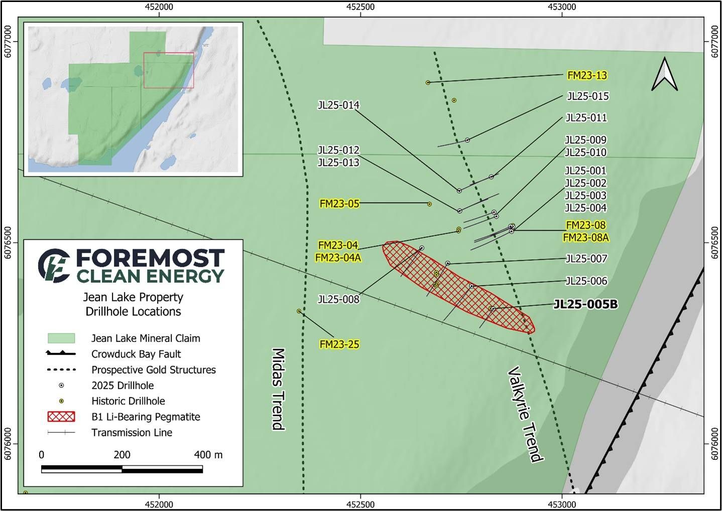 Jean Lake 2025 Drillholes and 2023 Resampled Drillhole Locations
