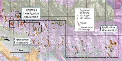 Figure 3. Filabres 1 Investigation Permit and Filabres PE 1 & 2 Exploration Permit applications with mapped haematite-rich copper-gold veins and copper and gold assays at the Solana Project. (CNW Group/Capella Minerals Limited)