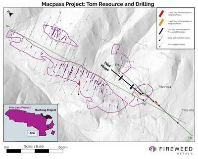 Map 2: Tom intersected mineralization, composite intervals in 2025 drilling, 2024 drilling and pre-2024 drilling with constrained resource vertical projection to surface (CNW Group/Fireweed Metals Corp.) Map 2: Tom intersected mineralization, composite intervals in 2025 drilling, 2024 drilling and pre-2024 drilling with constrained resource vertical projection to surface (CNW Group/Fireweed Metals Corp.)