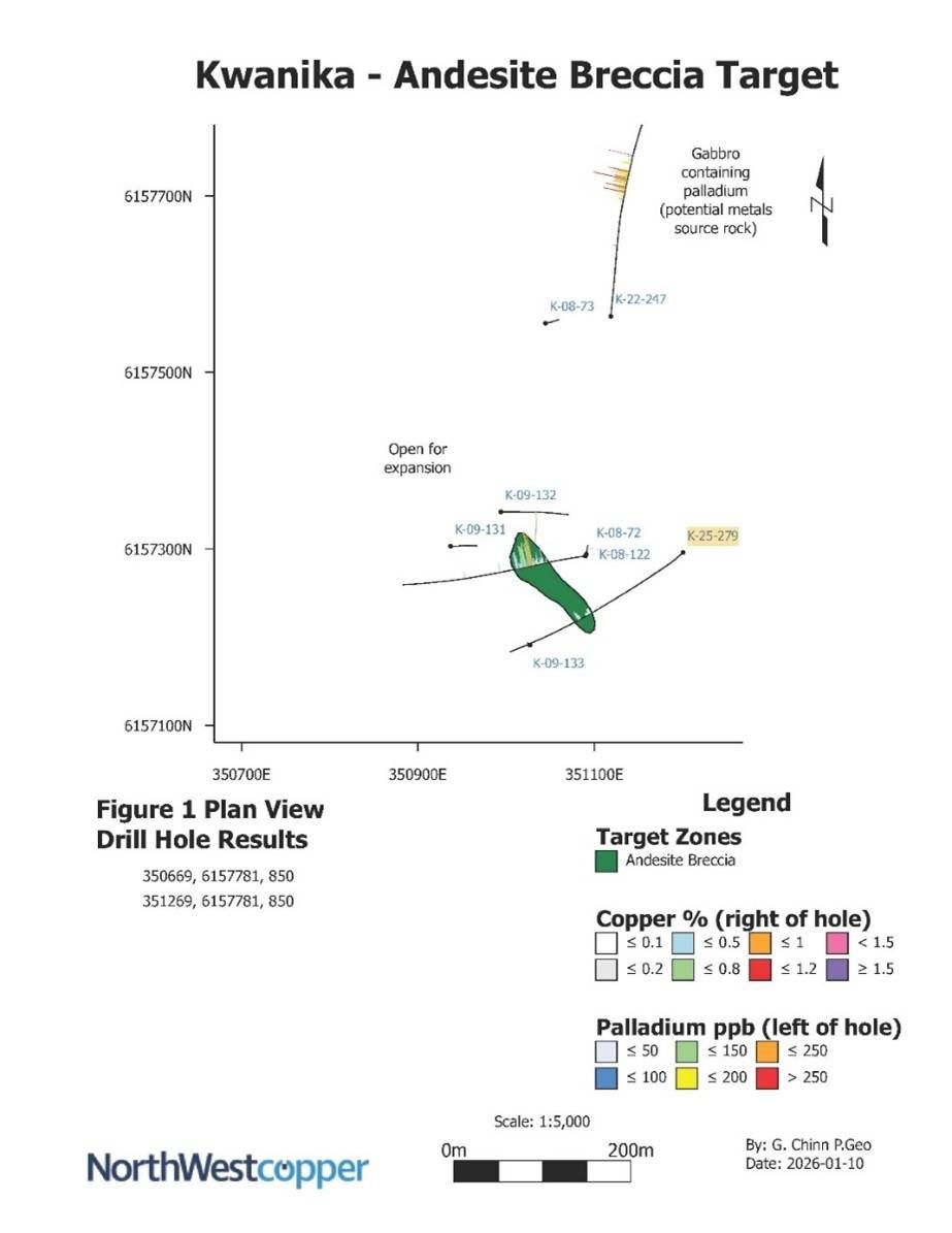 Plan View of Andesite Breccia with K-25-279 and Historical Drill Hole Locations