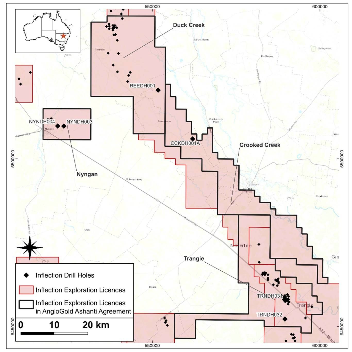 Map showing the location of the recent drill holes referenced in this release
