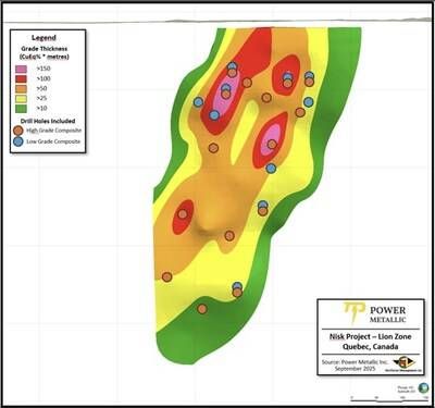 Figure 1 Spatial distribution of the drill hole intercepts used in the Metallurgical Testing (CNW Group/Power Metallic Mines Inc.)