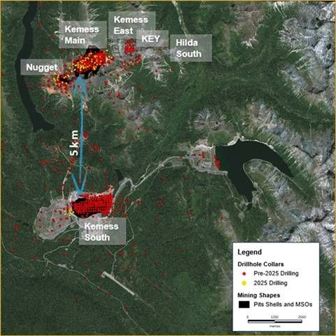 Plan view showing the distance between Kemess Main (formerly Kemess North) and Kemess South