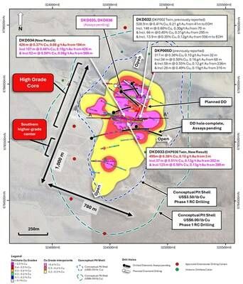 Figure 2. Plan view map of the La Verde showing planned and returned drilling compared with updated +0.2% copper (yellow), +0.3% copper (red), +0.4% copper (magenta) mineralisation interpolants. Conceptual open shells1 displayed for $US3.50/lb Cu (blue) and $US6.00/lb Cu (green) displayed as dashed lines. (CNW Group/Hot Chili Limited)