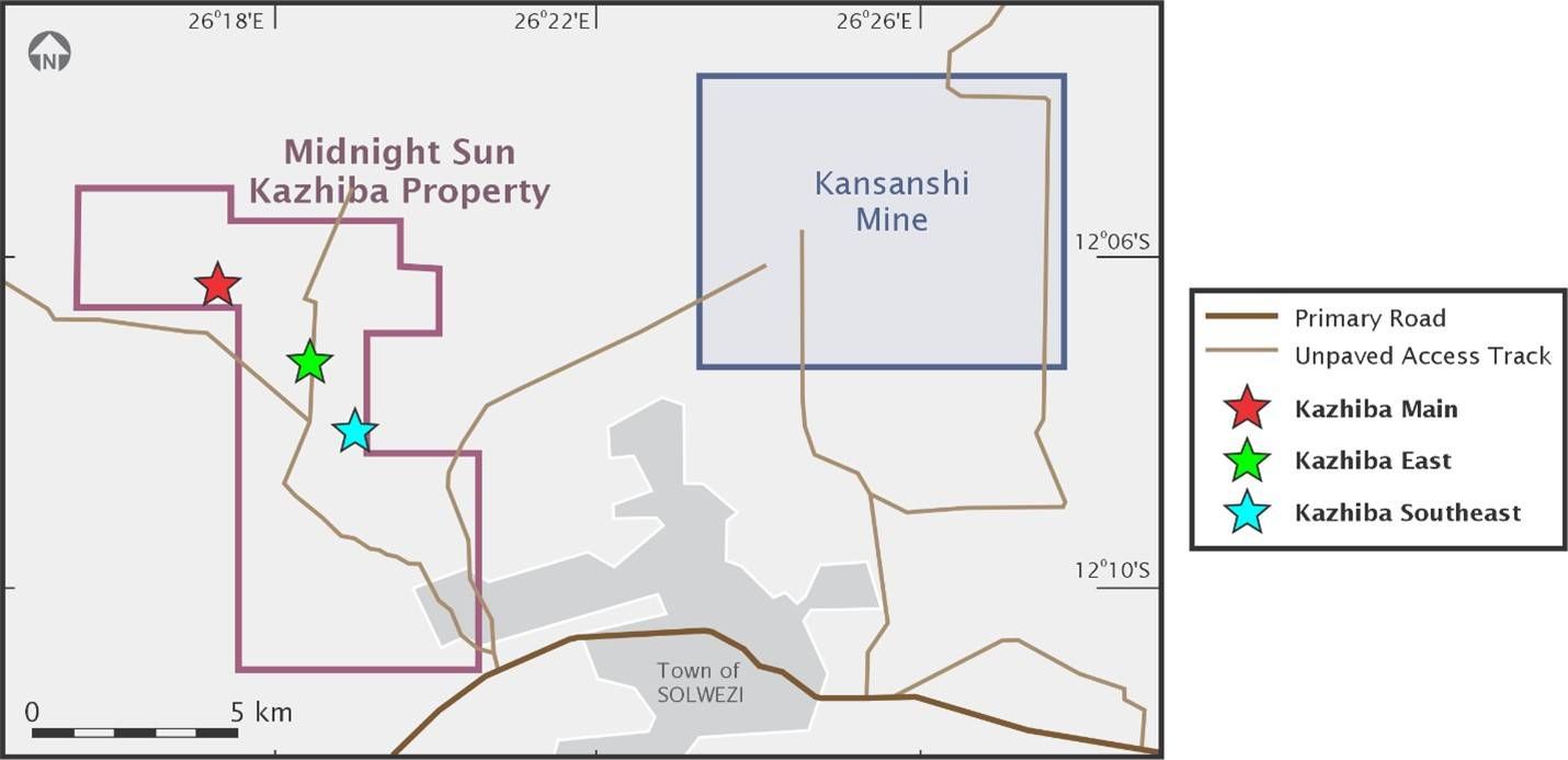 Kazhiba location, showing proximity to First Quantum's Kansanshi Mine, and location of Kazhiba Main Copper Oxide Deposit