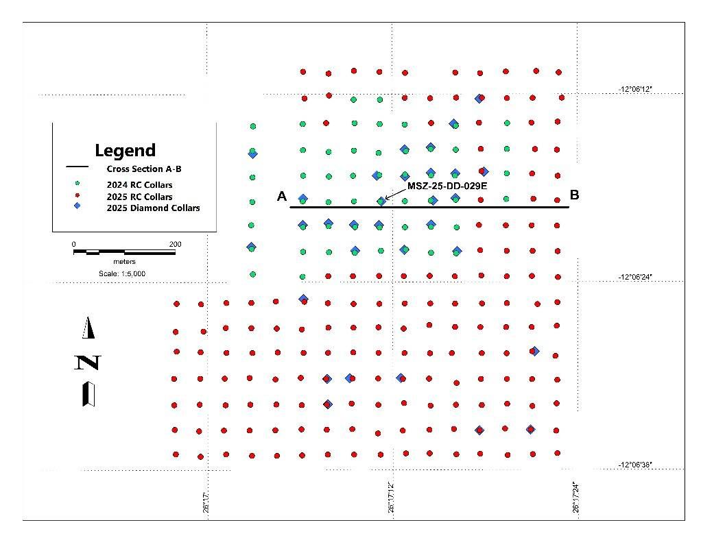 Kazhiba Main 2024 and 2025 drill hole locations. Note: Location of MSZ-25-DD-029E and location of section shown in Figure 4 (A to B).