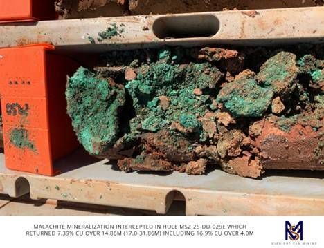Malachite mineralization in Drill Hole MSZ-25-DD-029E. See Figure 2 for location.
