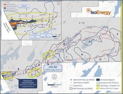 Figure 1 – Larocque East 2026 winter drill target areas focused on the Hurricane Deposit * See Qualified Person Statement below. (CNW Group/IsoEnergy Ltd.)