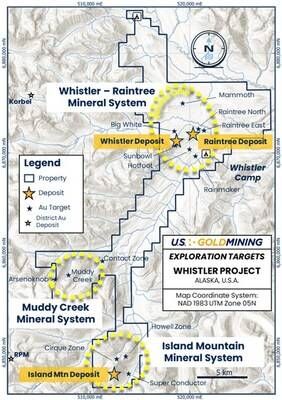 Figure 1 The Whistler Project, containing three gold ± copper ± silver mineral systems: Whistler – Raintree, which contains the currently delineated Whistler and Raintree deposits; Island Mountain which contains the namesake gold deposit and several additional undrilled targets; and Muddy Creek which holds potential for discovery of an intrusive related gold system. (CNW Group/GoldMining Inc.) Figure 1 The Whistler Project, containing three gold ± copper ± silver mineral systems: Whistler – Raintree, which contains the currently delineated Whistler and Raintree deposits; Island Mountain which contains the namesake gold deposit and several additional undrilled targets; and Muddy Creek which holds potential for discovery of an intrusive related gold system. (CNW Group/GoldMining Inc.)