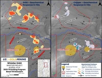 Figure 2 Top: Geochemical response in basal till samples (left: gold; right: copper). (CNW Group/GoldMining Inc.) Figure 2 Top: Geochemical response in basal till samples (left: gold; right: copper). (CNW Group/GoldMining Inc.)
