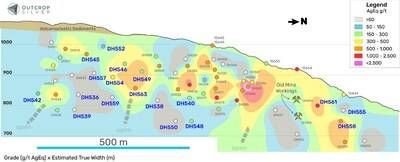 Figure 2. Longitudinal section from the Aguilar vein showing the drilling pierce points. The contours represent the interpolation of grade (AgEq g/t) multiplied by estimated true width (metres) using the Spline algorithm in QGIS. Pierce points and channel samples are showing grade as AgEq g/t. (CNW Group/Outcrop Silver & Gold Corporation)