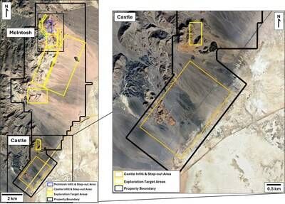 MAP 2: PROPERTY MAP & CASTLE TARGETS (CNW Group/A2 Gold Corp)