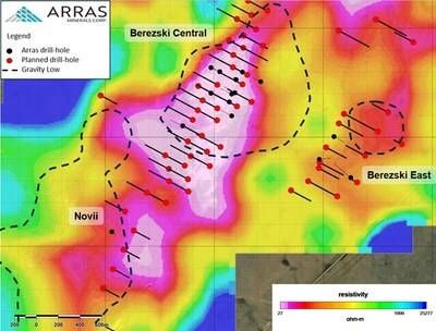 Figure 5: Berezski Central and Berezski East Target with completed and planned drill-holes overlain on MT data at 340m depth. (CNW Group/Arras Minerals Corp.) Figure 5: Berezski Central and Berezski East Target with completed and planned drill-holes overlain on MT data at 340m depth. (CNW Group/Arras Minerals Corp.)