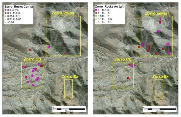 Values of Cu (left) and Au (right) showing the location of the three current target zones.