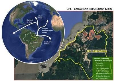 Figure 1: Barcarena Industrial Area, ZPE location and International Routes from Port of Vila do Conde, Barcarena, Pará State (CNW Group/Bravo Mining Corp.)