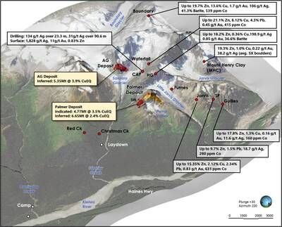 Figure 1: Southwest looking view of the Palmer Project showing the distribution of under-explored high-grade exploration targets. See references below for sources of data. (CNW Group/Vizsla Copper Corp.)