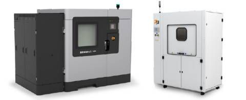 From left, Stratasys F900™ industrial printer and PostProcess® BASE Automated FDM Support Removal System.