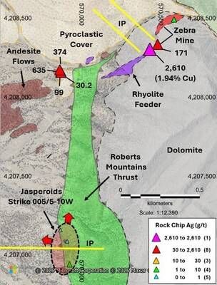 Figure 1 – West Reveille - Geological Interpretation and Recent Reconnaissance Rock Chip Sampling. (CNW Group/Black Mammoth Metals Corp)