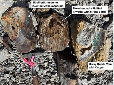 Figure 2 – High-Grade Silver Samples from Silicified Rhyolite and Limestone, as well as Quartz Veins with Copper from the Mine Waste Dump. (CNW Group/Black Mammoth Metals Corp)
