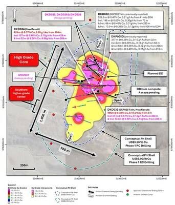 Figure 1. Plan view map of the La Verde porphyry system showing approved extensional collar locations (red points), planned (white traces) and completed DD drilling (black) compared with +0.2% copper (yellow), +0.3% copper (red), +0.4% copper (magenta) mineralisation interpolants. Conceptual open pit shells displayed for $US3.50/lb Cu (blue) and $US6.00/lb Cu (green) displayed as dashed lines. See announcement dated 20 January 2026 for JORC Table 1 additional technical information. (CNW Group/Hot Chili Limited)