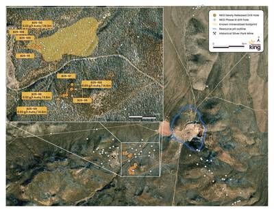 Figure 1. Plan view of SPE showing a mineralized footprint over a 300m by 500m area, as well as the 350m gap to the south and the 270m gap to the east, all in relation to the Atlanta Resource Zone and historic Atlanta pit. (CNW Group/Nevada King Gold Corp.)