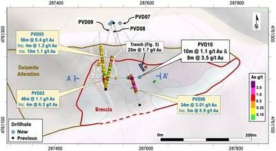 Figure 2 – Summary map with drillholes, cross section A-A' (Fig. 1) and surface trench location (Fig.3), and selected results (1) (CNW Group/Pan Global Resources Inc.)