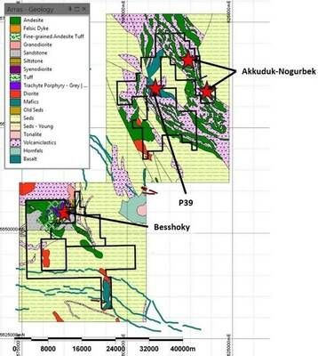 Figure 7: Akkuduk licenses with principal targets overlain on interpreted geology. (CNW Group/Arras Minerals Corp.)
