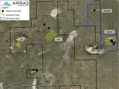 Figure 12: Plan map showing historic drill collars located in the field by Arras geologists and planned geophysics surveys. (CNW Group/Arras Minerals Corp.)