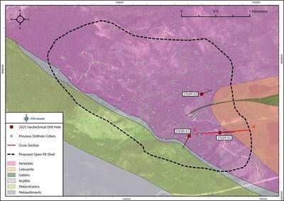 Figure 1: Baptiste Plan Map with 2025 Drillhole Collar Locations and proposed open pit (refer to Figure 2 for section A- Aˈ) (CNW Group/FPX Nickel Corp.)