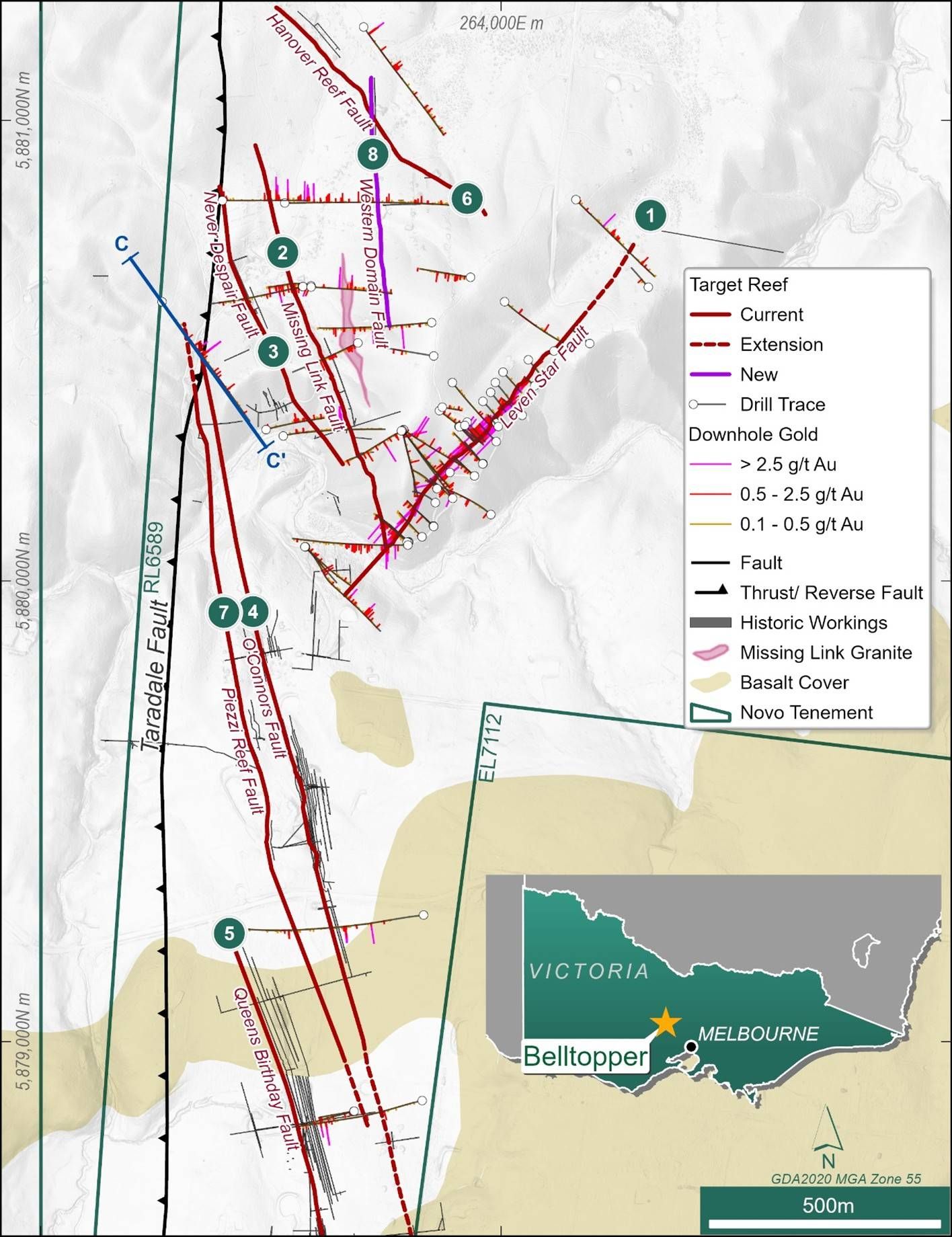 Overview Map of the Belltopper Gold Project showing location of the eight reefs included in the 2026 Exploration Target, downhole gold tenor, historical workings, important geological elements of the field and the location of Section C-C' displayed in Figure 6.