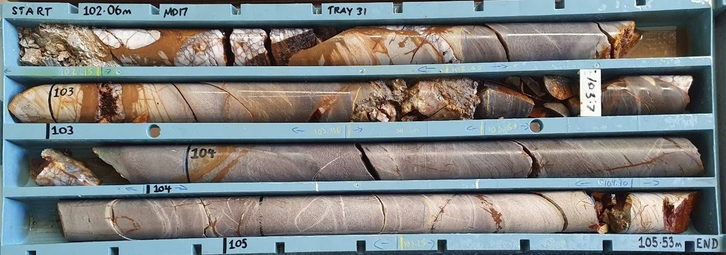 MD17 (102.06 m–105.53 m). Interpreted Western Domain Fault between 102.06 m and 103.6 m. Significant intersection of 0.95 m @ 10.0 g/t Au from 102.65 m with elevated arsenic returned from this intervalb.